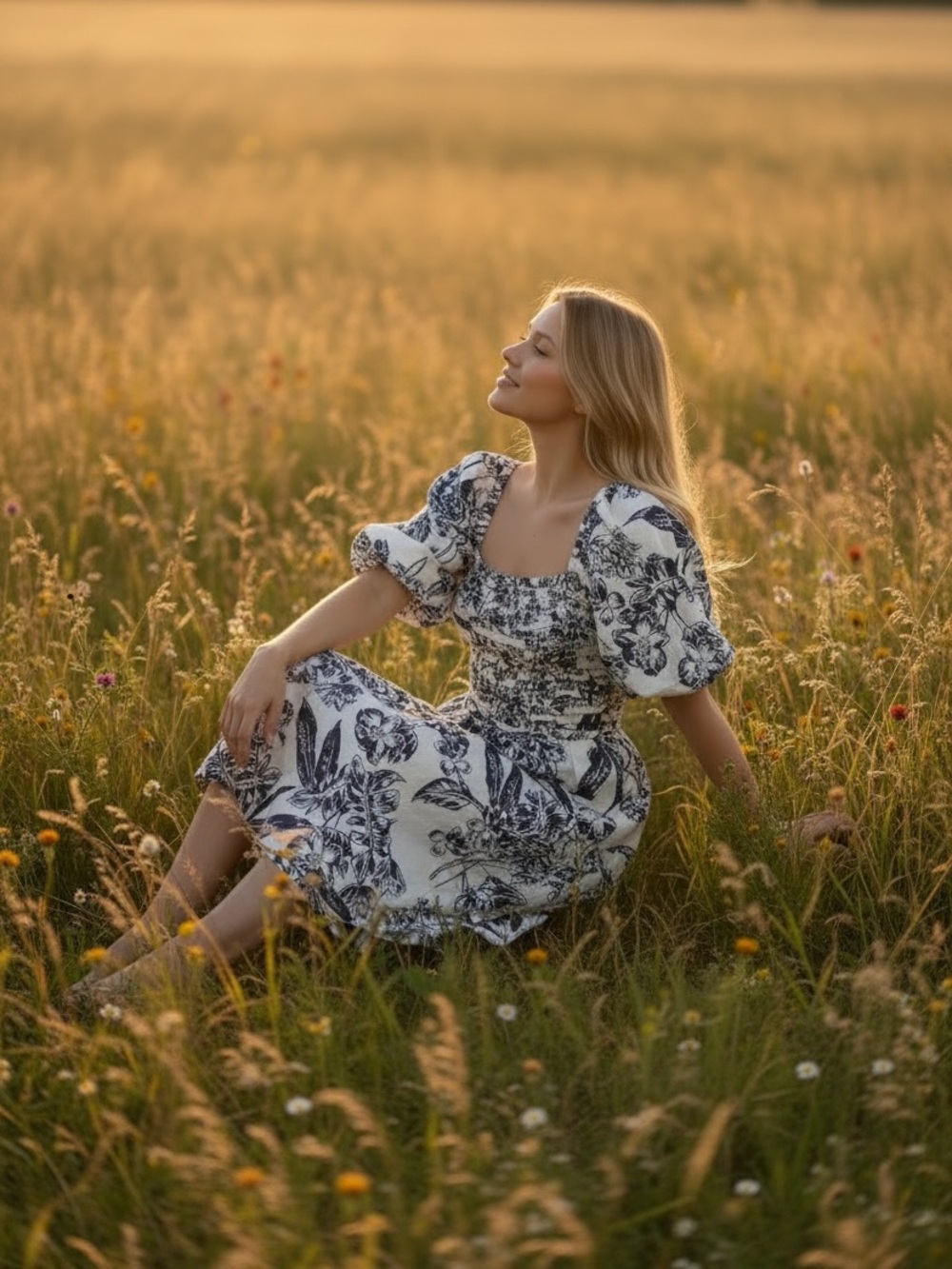 Smocked Puff-Sleeve Midi Dress in White and Navy Blue Botanical